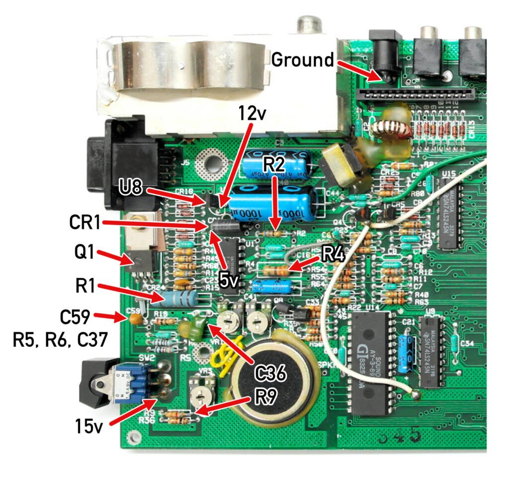 Power section of the Timex Sinclair 206 circuit board with components labeled.