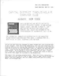 Capital District Timex-Sinclair Computer Club May 1991