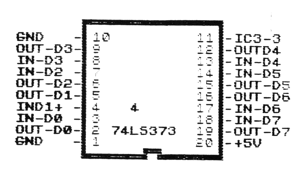 sample printout - a 20-pin 74LS373 drawn upside down, pins 10-1 down the left (GND, OUT-D3, IN-D3, IN-D2, OUT-D2, OUT-D1, IND1+, IN-D0, OUT-D0, GND) and 11-20 down the right (IC3-3, OUTD4, IN-D4, IN-D5, OUT-D5, OUT-D6, IN-D6, IN-D7, OUT-D7, +5V), IC number 4