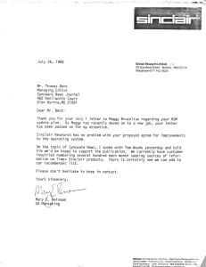 Letter from Sinclair Research to Tom Bent re 8K ROM Upgrade