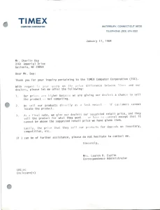 Letter from Timex Computer Corp to Charlie Day Jan 17 1984